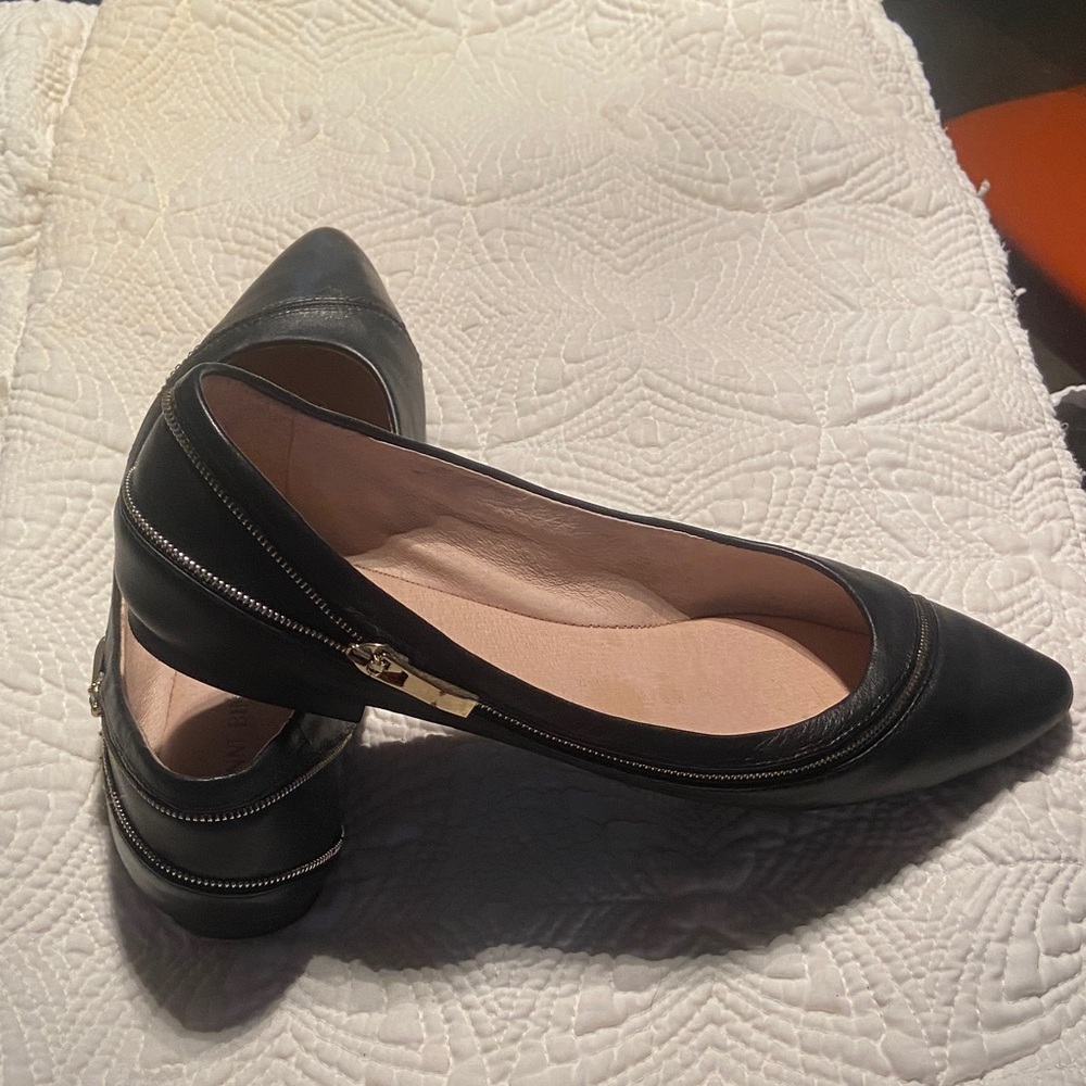 Gianni Bini Black Pointed-Toe Flats with Gold Zipper Accent